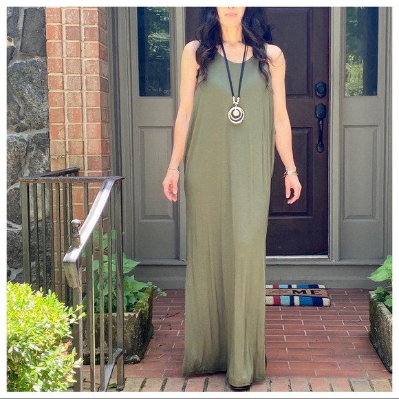OLIVE GREEN SIDE SLITS TANK MAXI DRESS - Picture 13 of 15